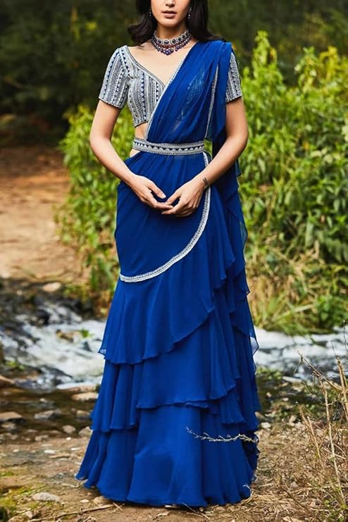 Women's Pure Georgette Ready To Wear Saree With Blouse Piece